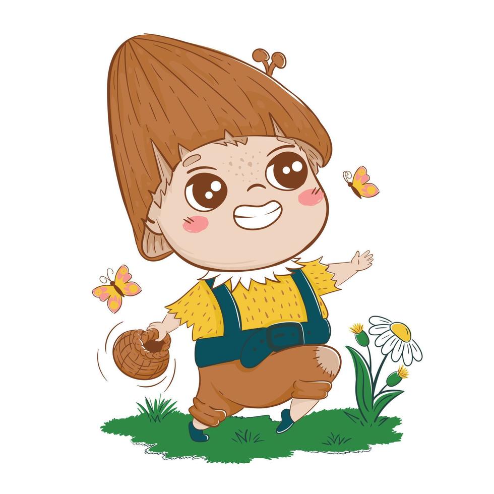 A child with a mushroom hat walks cheerfully with a basket in a clearing. Fairytale cartoon cheerful character vector