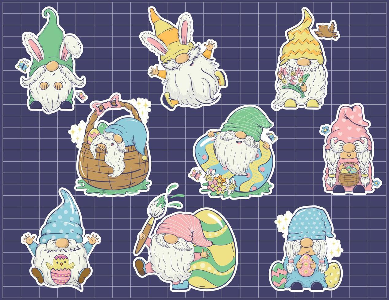 Bundle of vector sticker Easter gnomes in different poses with Easter eggs, bunny ears, spring flowers. Stickers ready to print