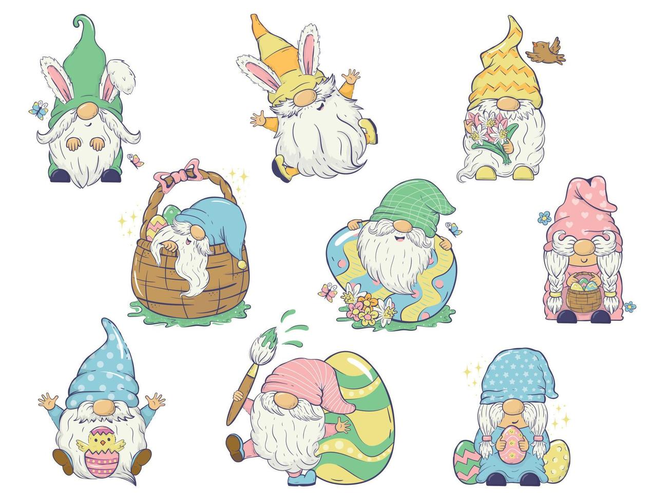 Collection of vector Easter gnomes in different poses with Easter eggs, bunny ears, spring flowers. Clipart For cards, invitations, packaging design, posters, prints