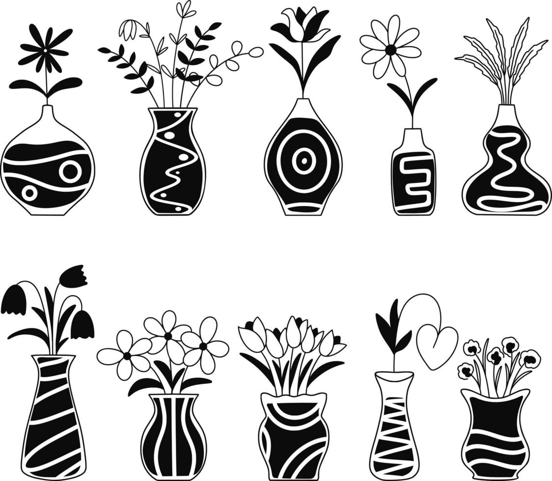 Flowers in vase silhouette set vector