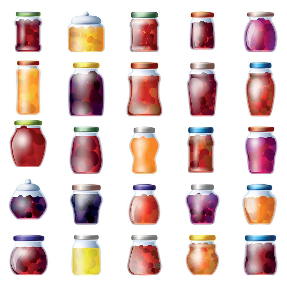 Jam jar icons set cartoon vector. Jelly fruit vector