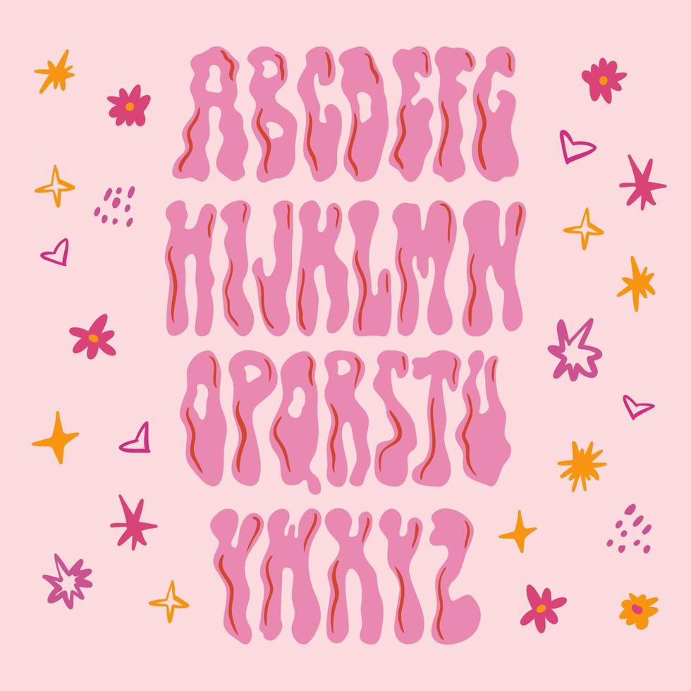 Funky rave groovy font from the 60s in psychedelic style. Vector modern cartoon alphabet