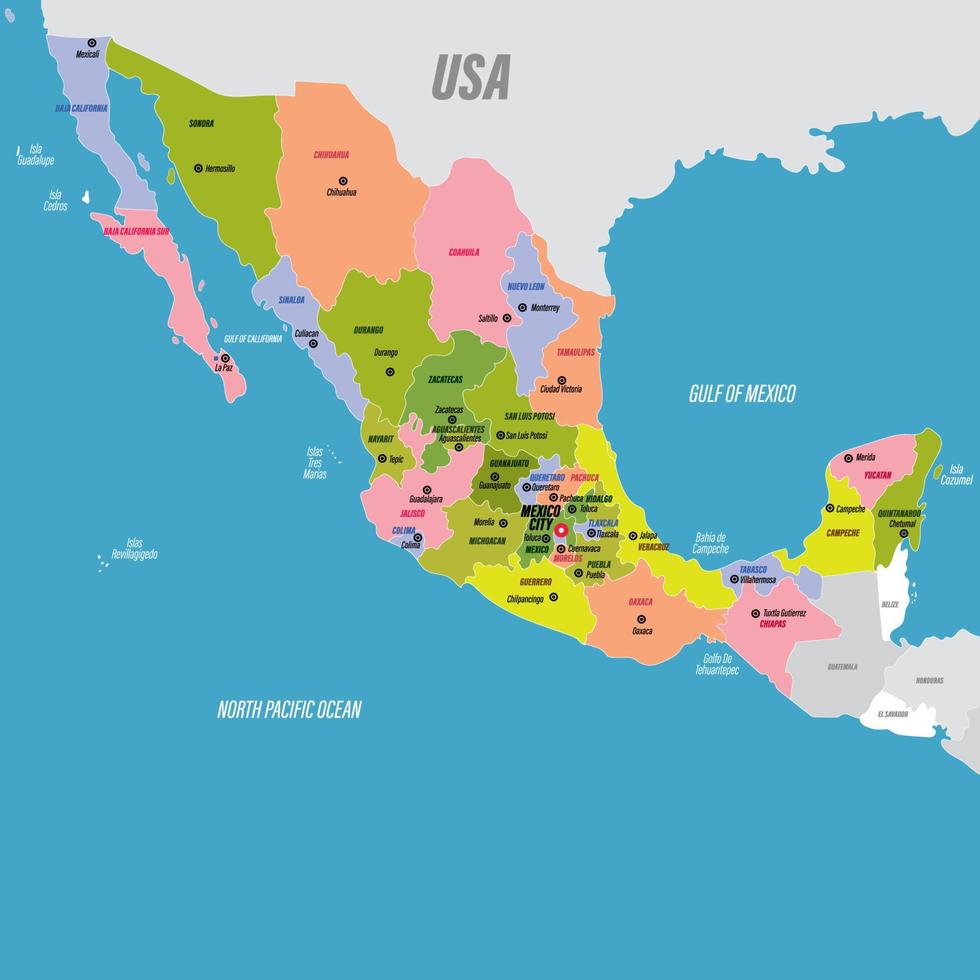 mapa de mexico con rodeando fronteras vector