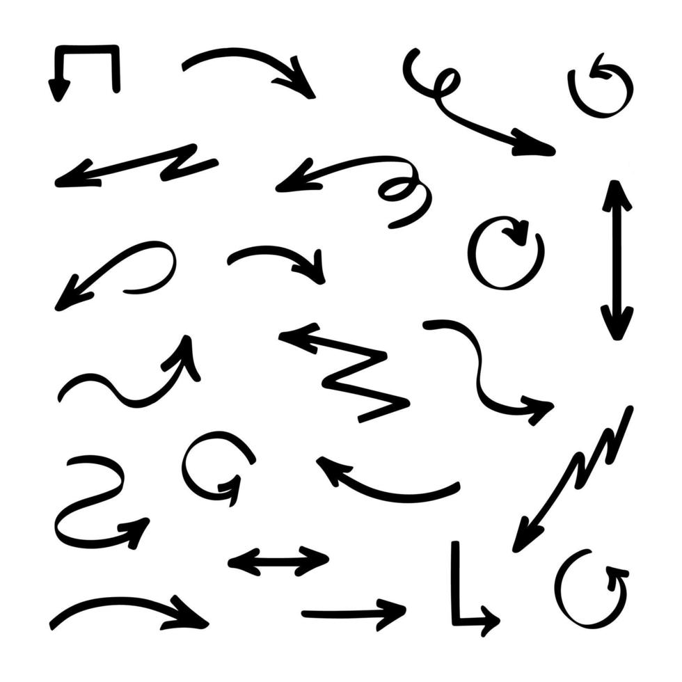 Set of vector arrows. Hand drawn design elements, different shapes isolated on white background.