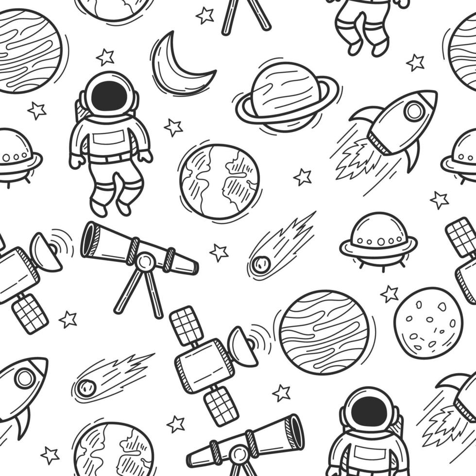 Space and astronaut seamless doodle pattern with black and white color vector