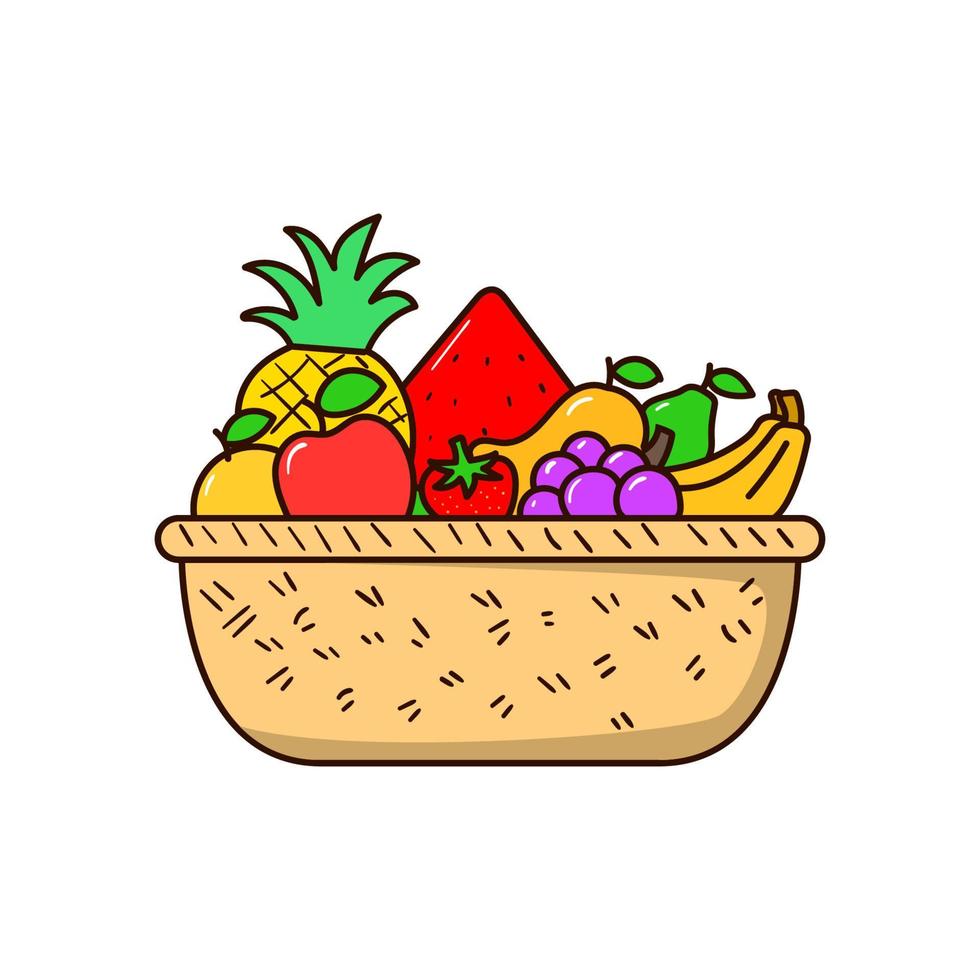 Fruit basket vector illustration in colorful hand-drawn style