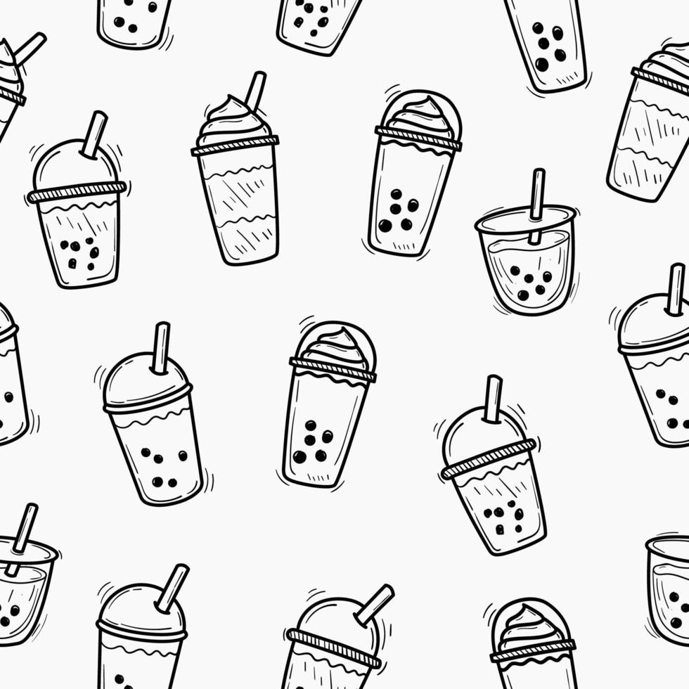 Bubble milk tea seamless pattern in cute doodle drawing style with a black and white color vector