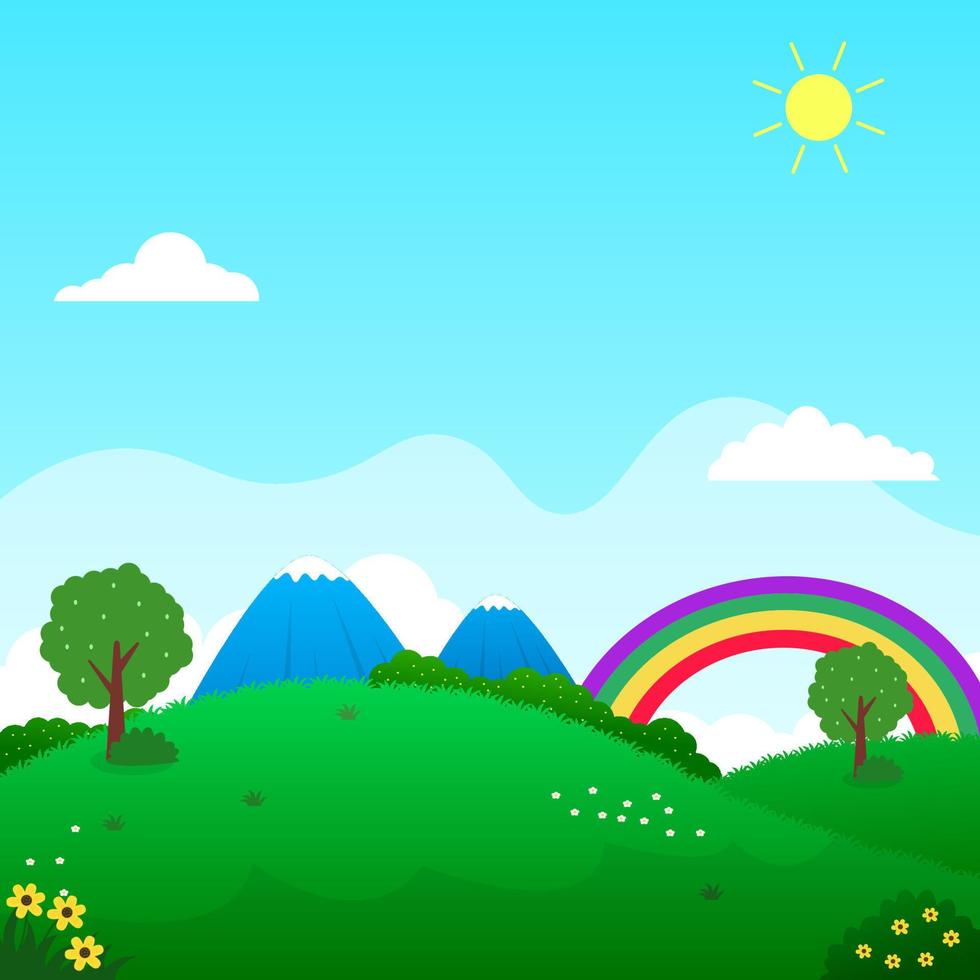 Hill landscape vector with rainbow and blue sky