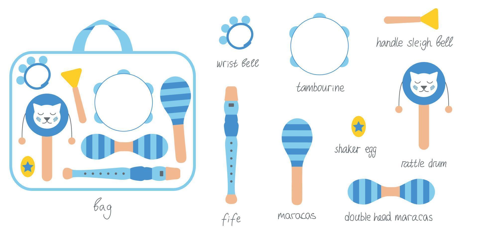 Hand drawn toy musical instruments for kids with bag. Flat vector illustration