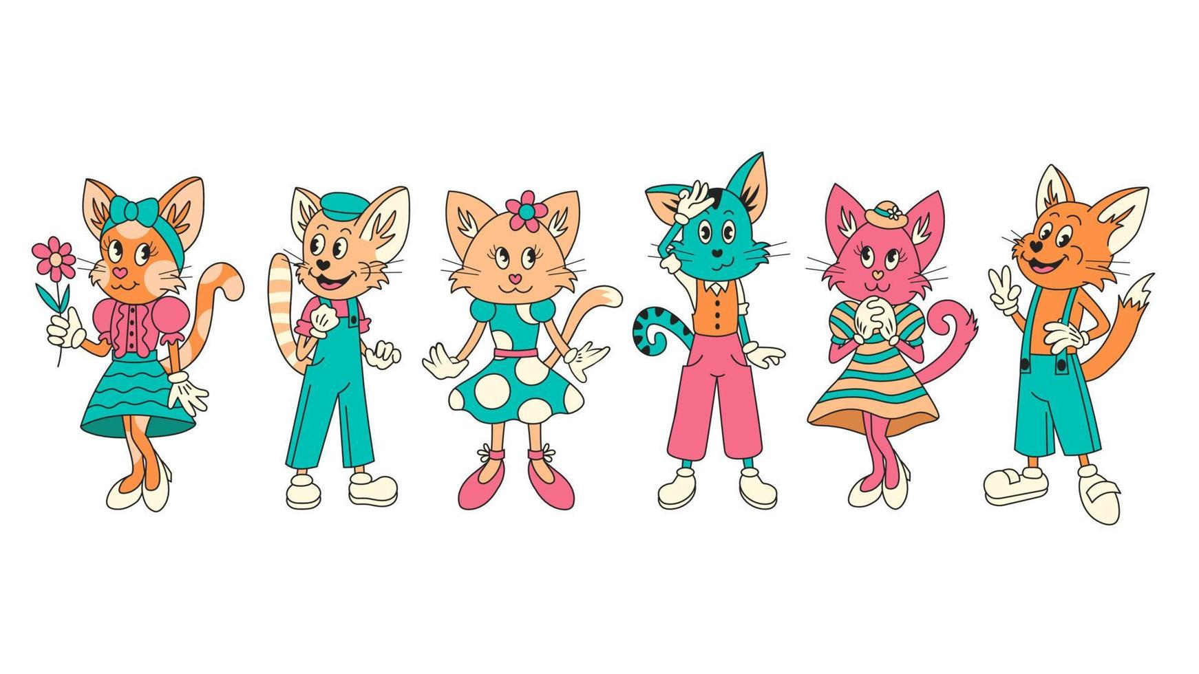 Cats Groovy Cartoon Characters Set vector