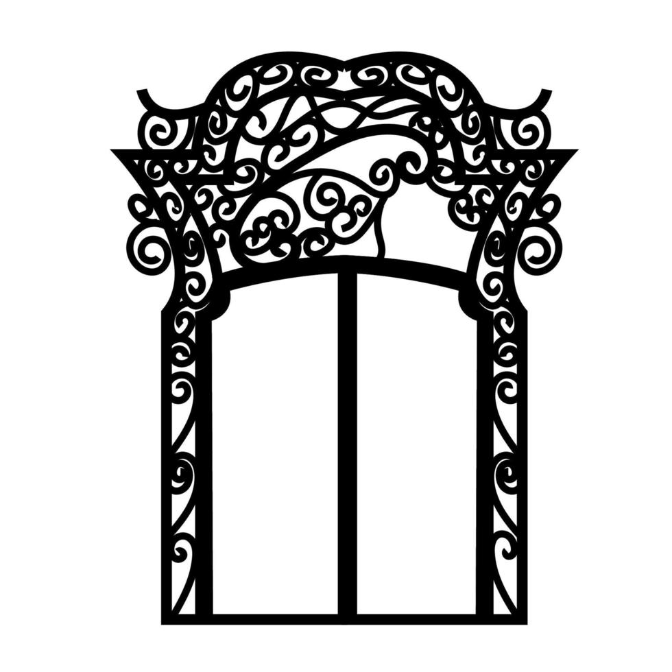 Forged fence. Gothic door, vector design. Decorative garden gate. Metal pattern or iron wicket for garden, castel. Rich ornament. Scroll-work