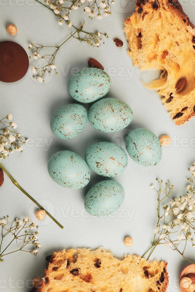 Pastel Easter eggs background. Spring greating card. Easter eggs in basket photo