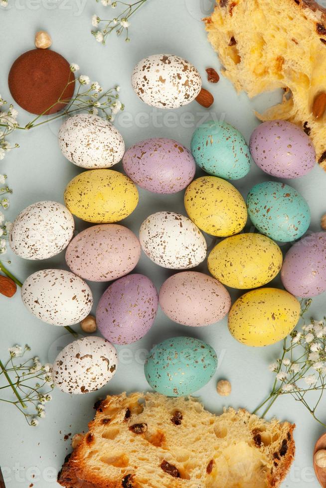Pastel Easter eggs background. Spring greating card. Easter eggs in basket photo