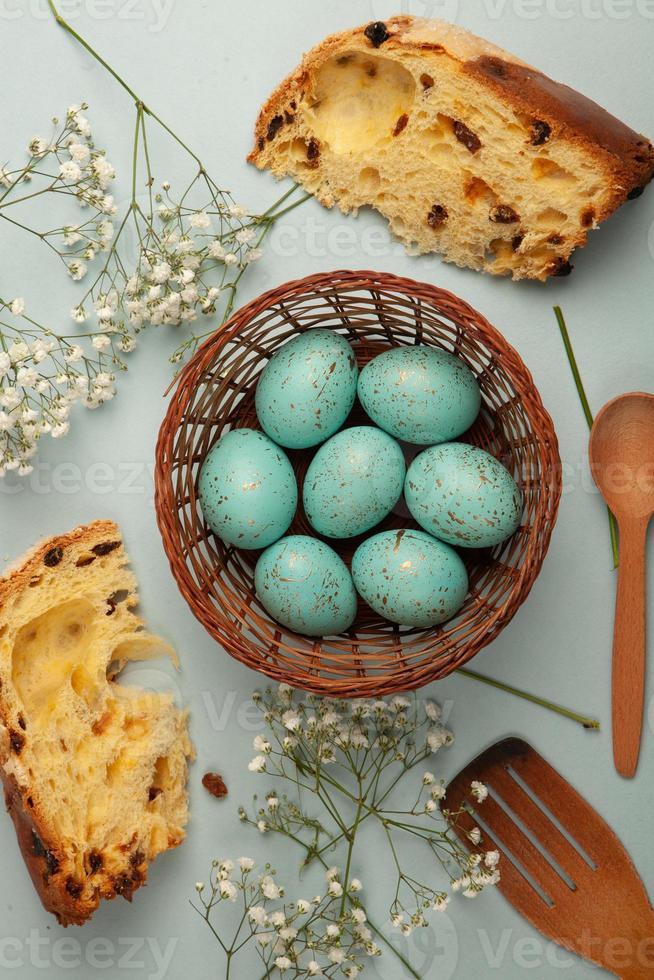 Pastel Easter eggs background. Spring greating card. Easter eggs in basket photo