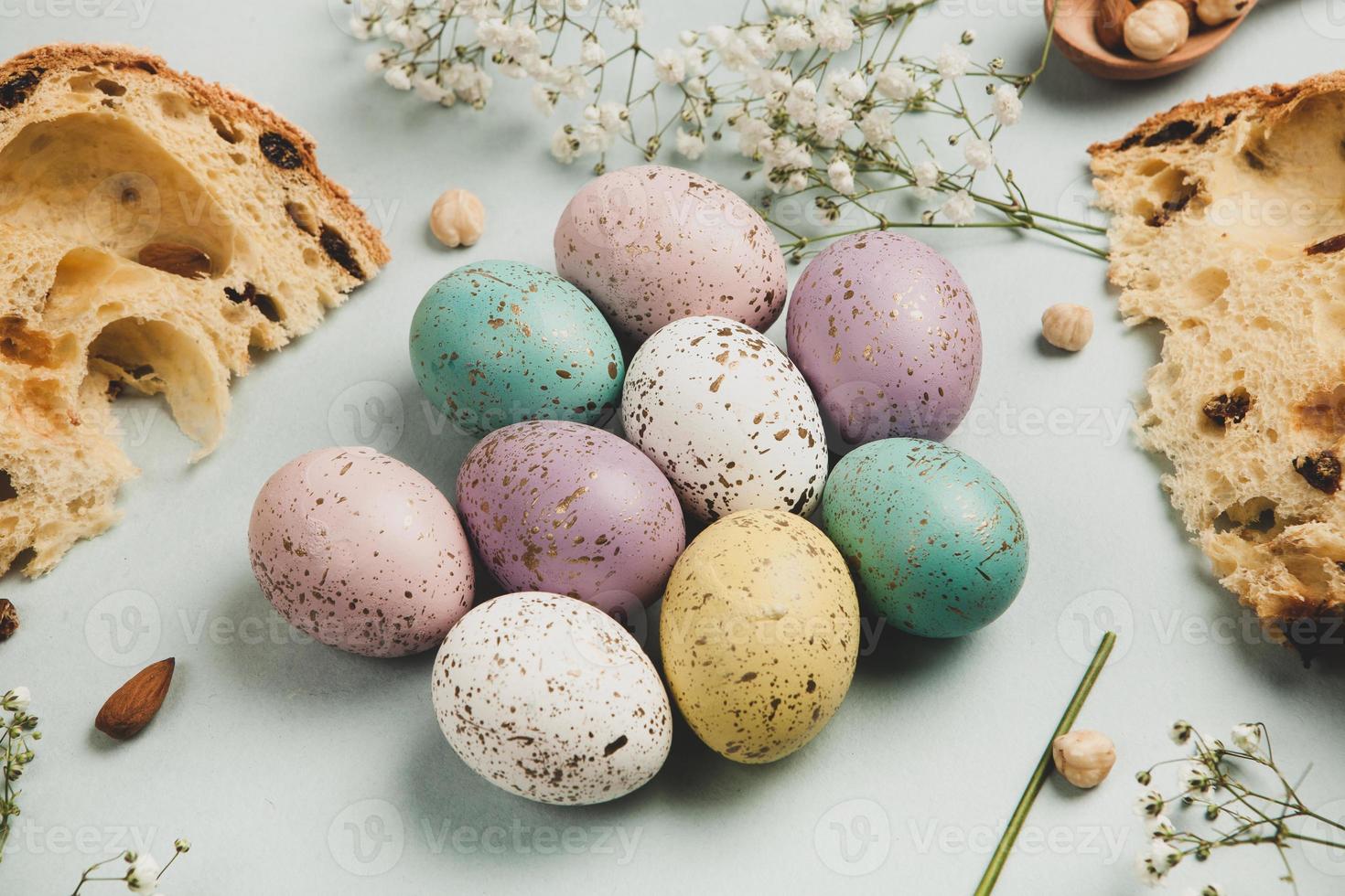 Pastel Easter eggs background. Spring greating card. Easter eggs in basket photo