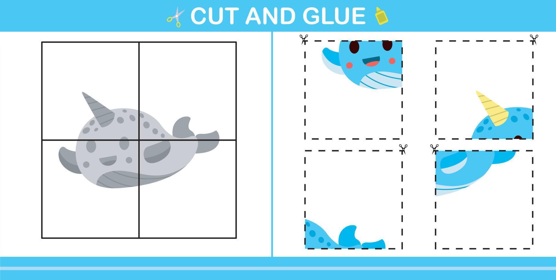 cartoon cute narwhal.education paper game for kindergarten and preschool.cut and glue game vector