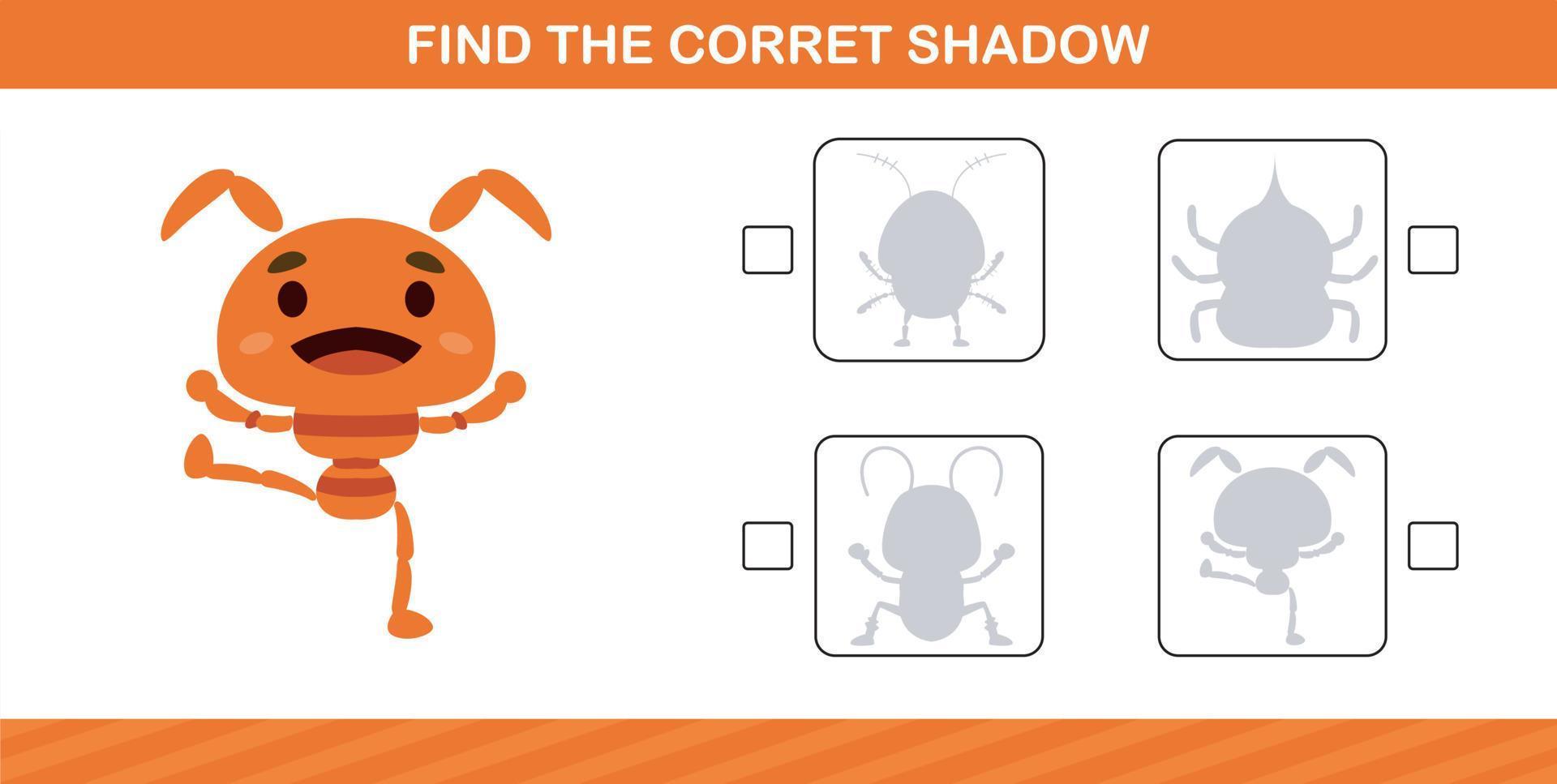 finding the correct shadow of cute insect education page game for kindergarten and preschool vector