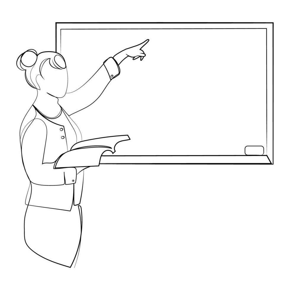 Female teacher with an open book in her hand points a finger at a chalk board Line art drawing vector illustration.Female professor at a lesson black and white sketch drawing.Education concept