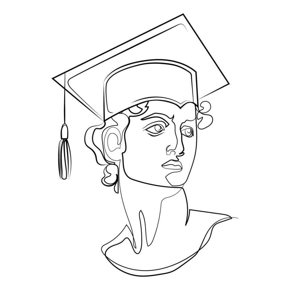 Graduation concept. Sculpture of Michelangelo's David in academic graduate hat with tassel Contemporary line art drawing vector illustration.Modern liner illustration,fashion print,emblem,logo design