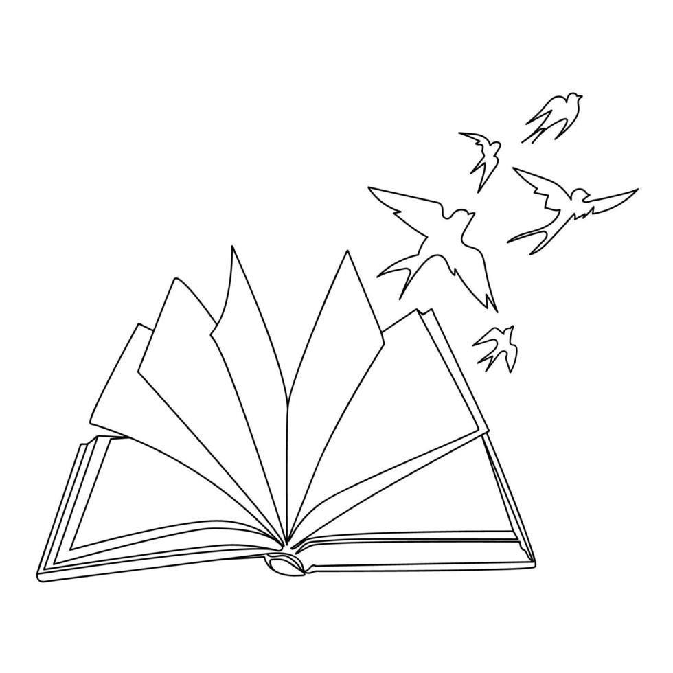 Open book with birds flying out of it Line art drawing vector illustration.Imagination for Education,idea and learning concept.International Literacy Day.Cultural knowledge or reading imagination