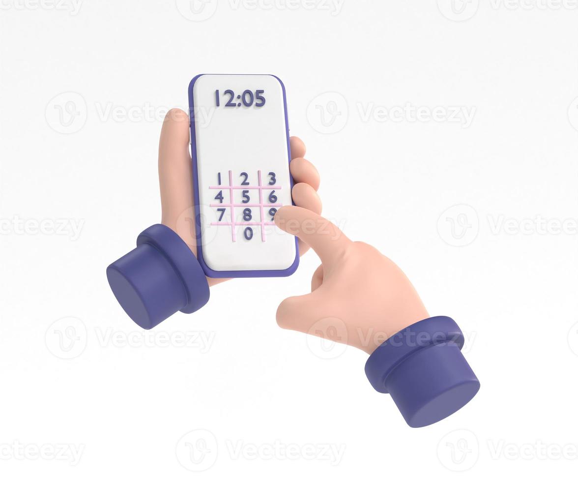 Hand is dialing number on smartphone. Businessman touching buttons with numbers to phone call or unlock code. photo