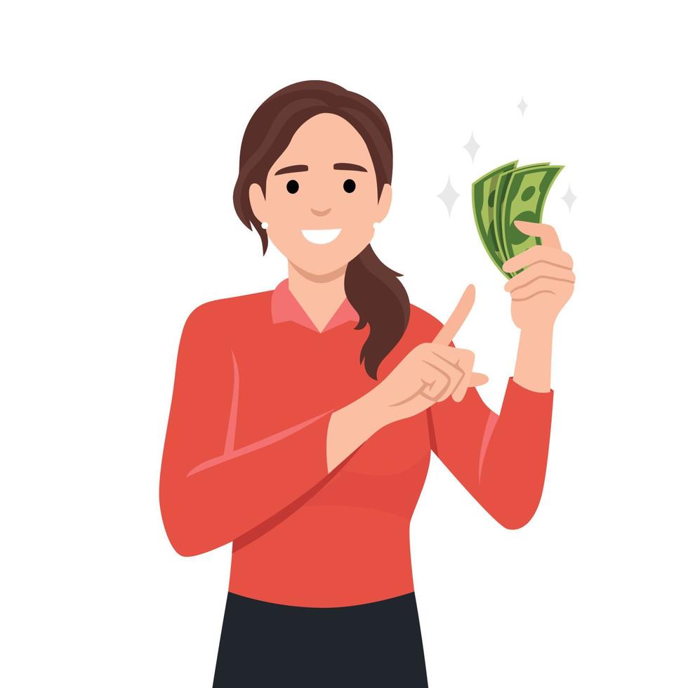 Young woman holding cash currency money in hand and pointing towards that vector