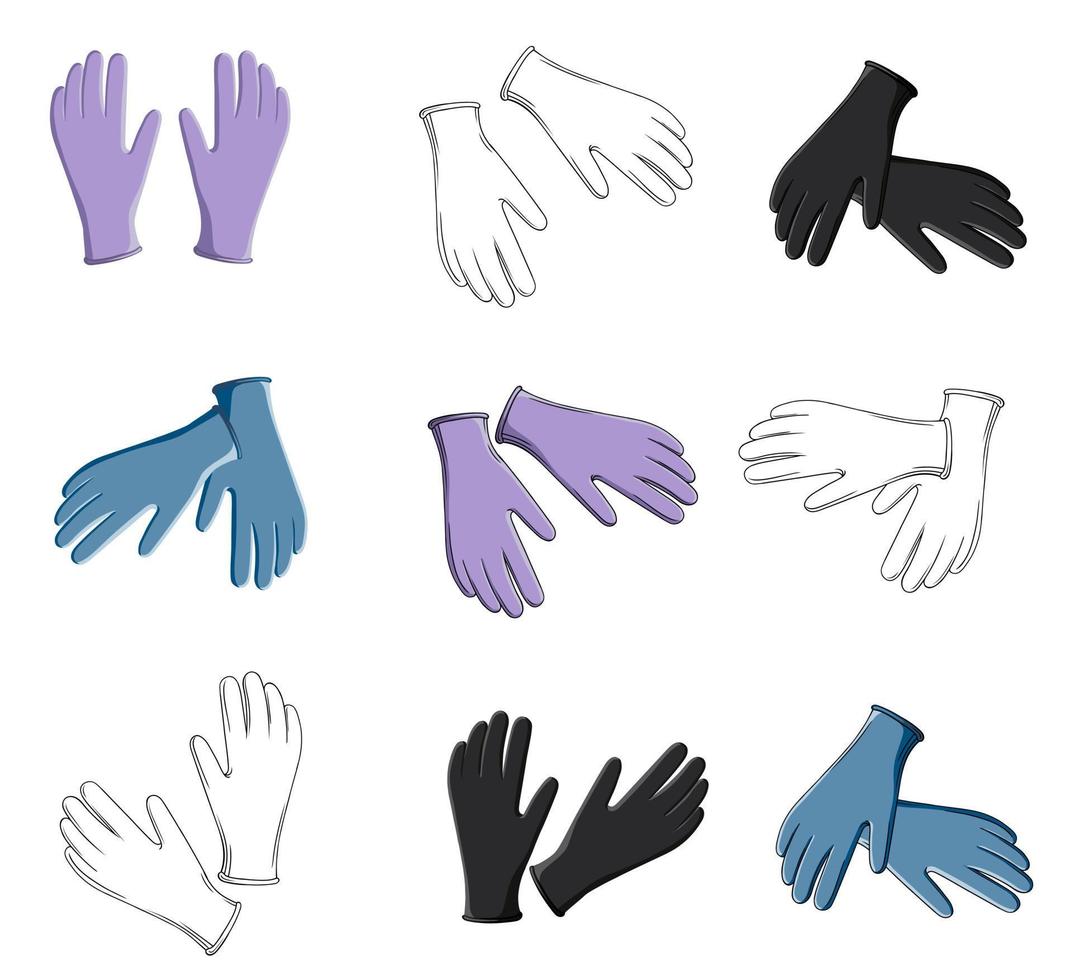 un conjunto de médico guantes de diferente colores en diferente mano posiciones. contorno vector ilustración y color imagen de guantes