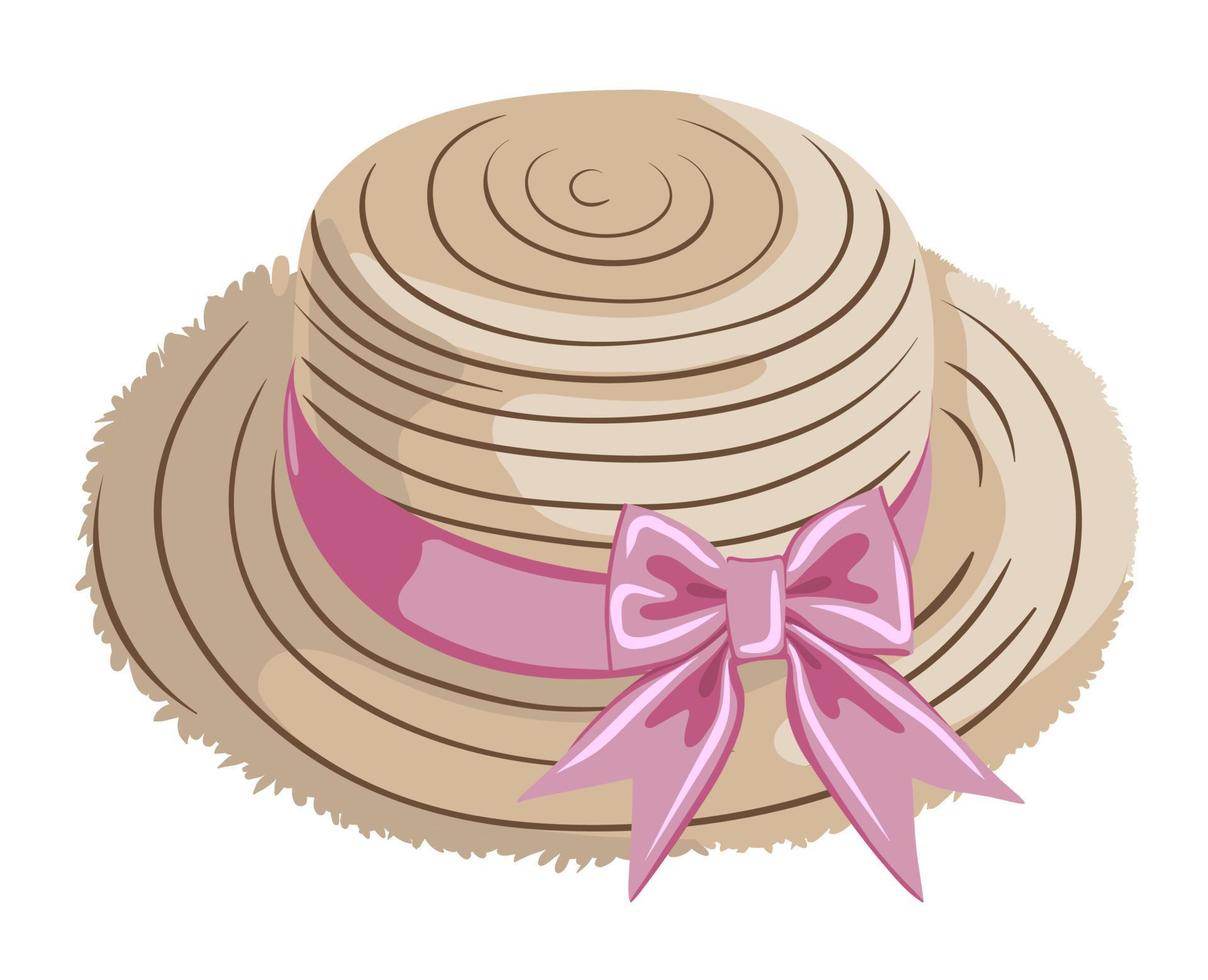 vector image of a cute straw hat with a pink ribbon and a bow on a transparent background. summer hat to protect the head from the sun, for walks and everyday wear
