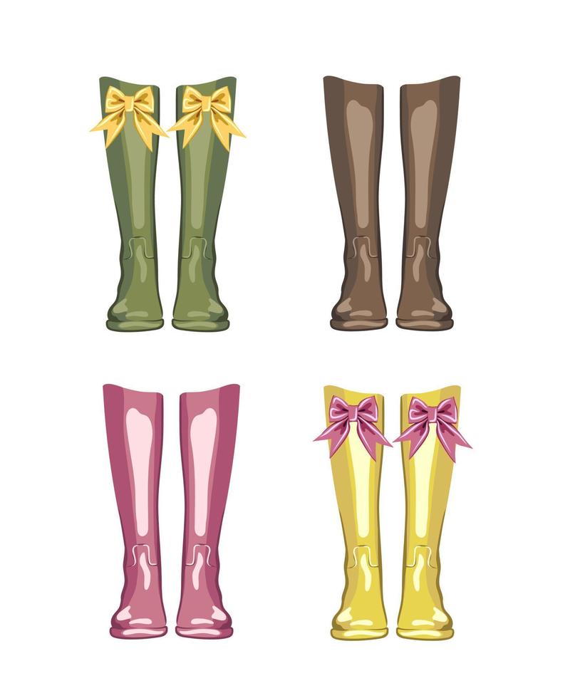 vector set of images of rubber boots in different colors on a transparent background. waterproof boots for walking in rainy weather, gardening and fishing