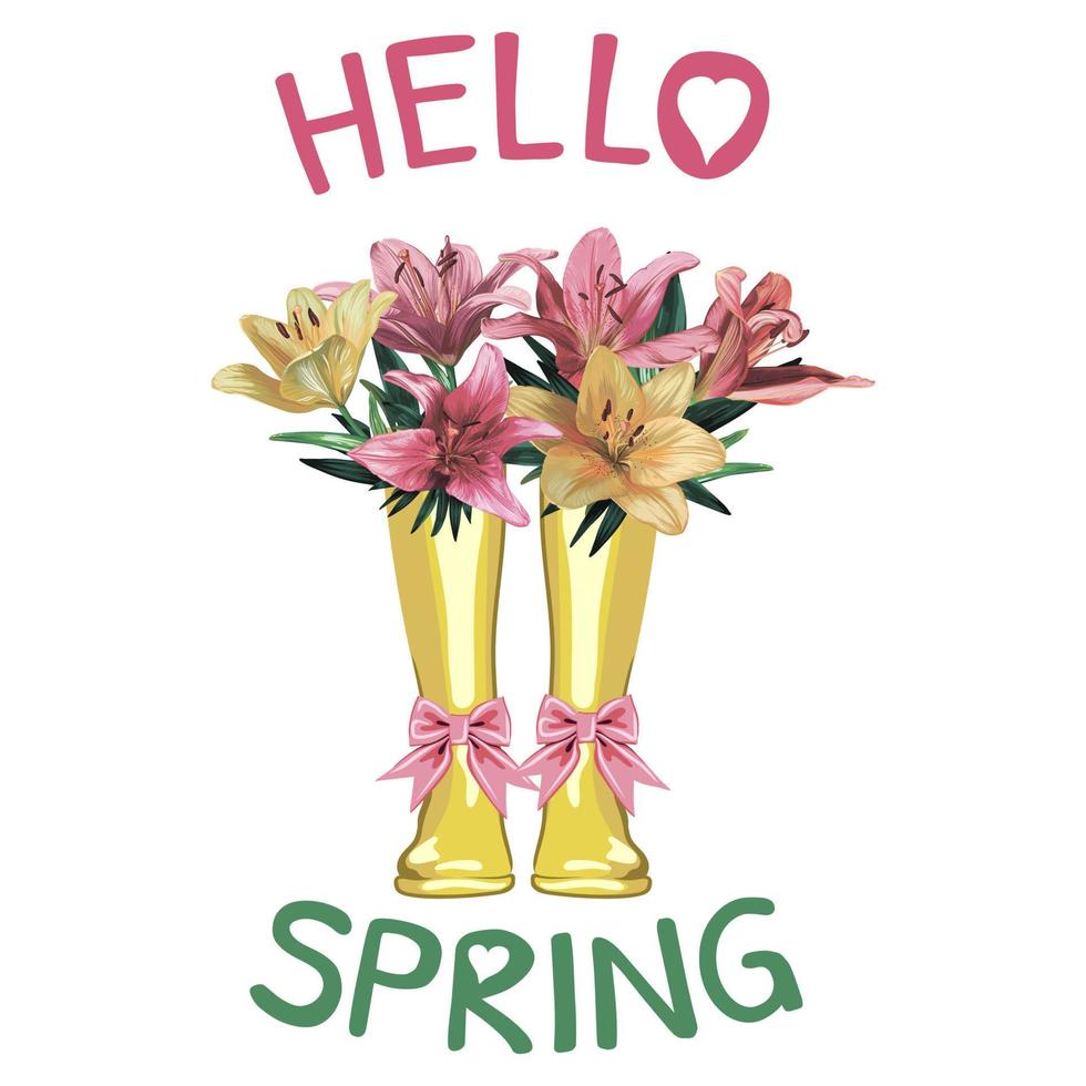 spring composition Hello Spring, vector illustration with yellow waterproof rubber boots in pink and yellow lily flowers