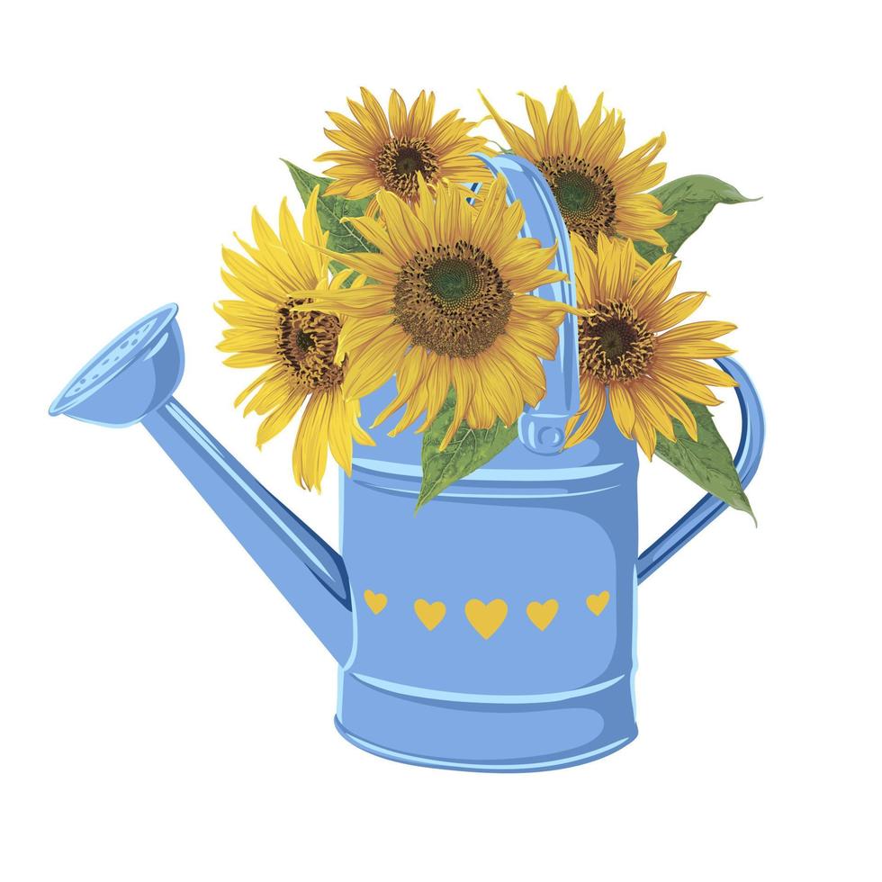 vector illustration with a garden watering can and a bouquet of sunflowers. vector illustration painted in the colors of the Ukrainian flag