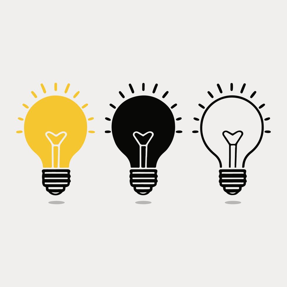 Light bulb in different styles. Outlined, solid, luminous bulb. Light bulb set. vector