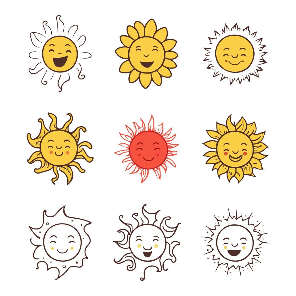 Sun cartoon illustration set. Collection of yellow sun star icons. vector
