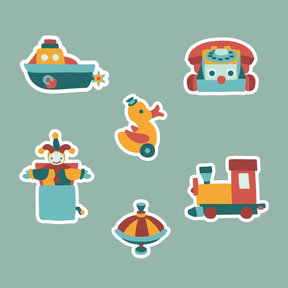 Set of toys of children. Ship, phone, duck, clown, spinning top, train. vector