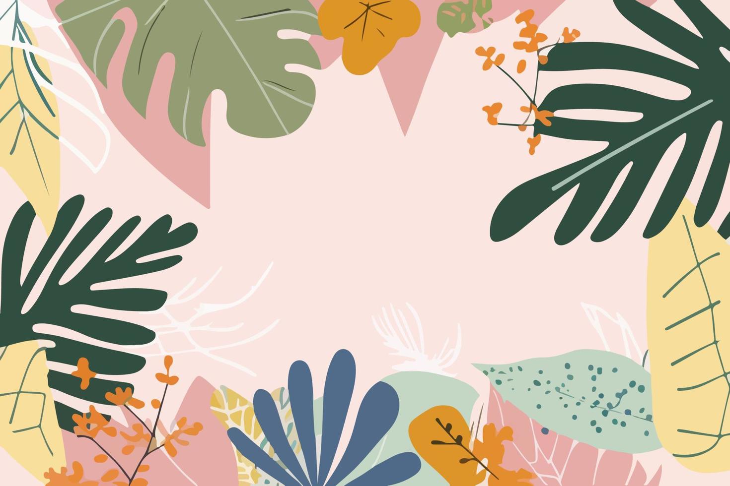 Pink background with a frame of leaves and flowers. vector
