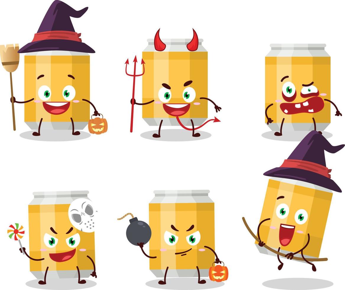 Víspera de Todos los Santos expresión emoticones con dibujos animados personaje de cerveza lata vector