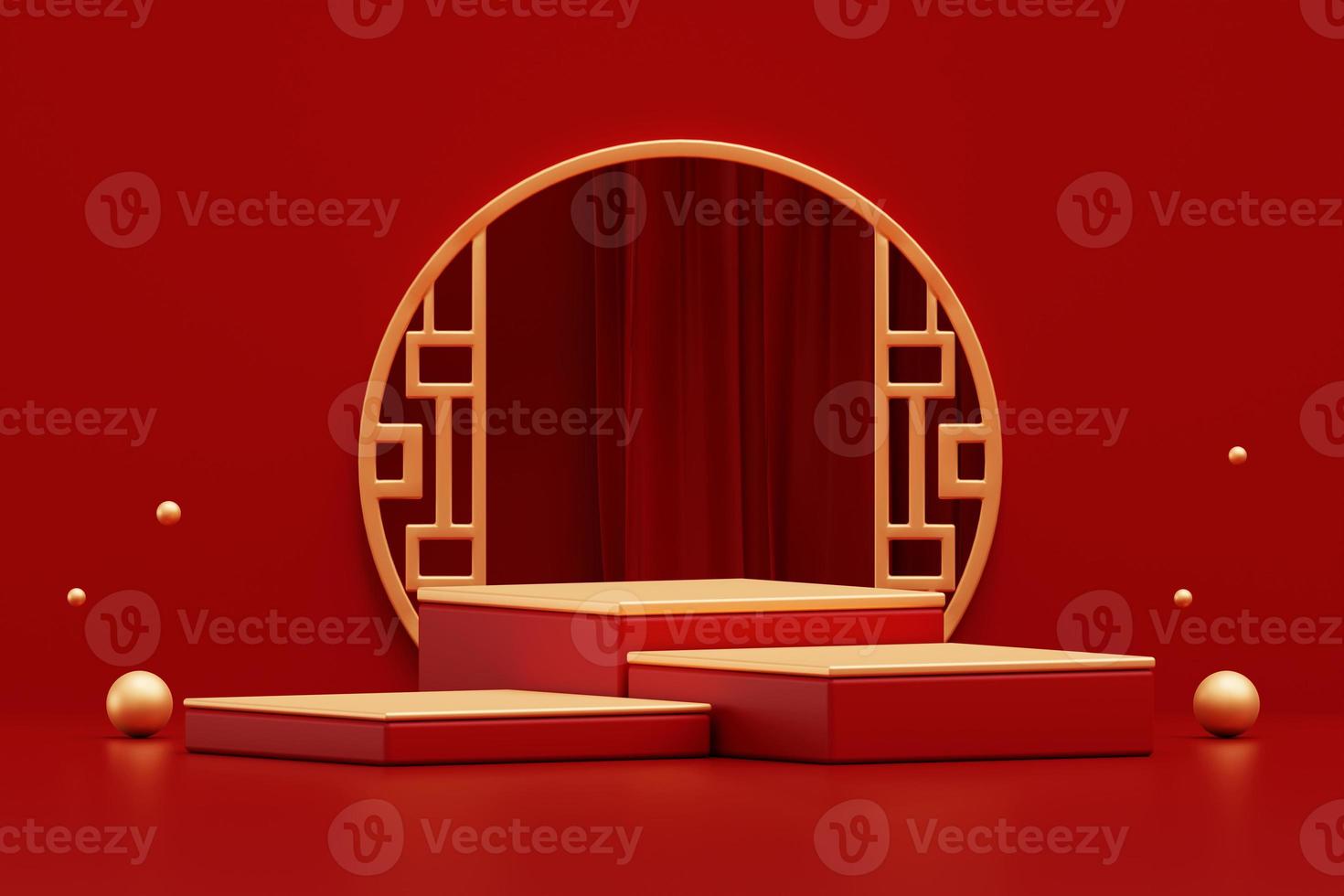 Red podium chinese style luxury pedestal platform space showroom product presentation on red background 3d photo