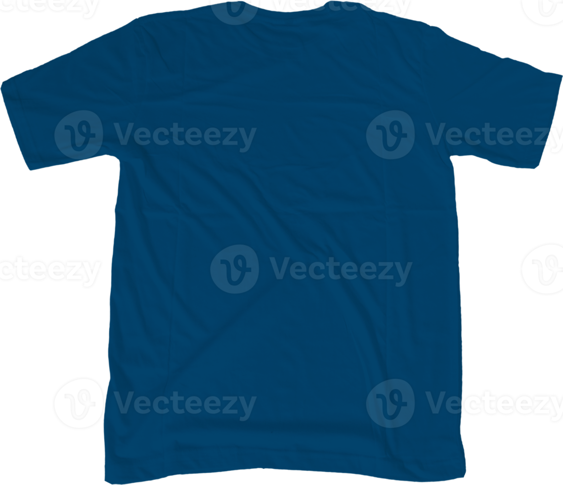 Classic blue t shirt mock up transparent background back side view. png