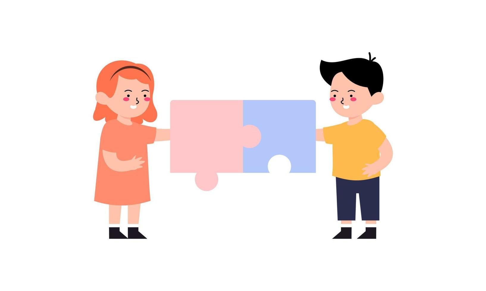 Happy cute little kid boy and girl play together for make a big puzzle illustration vector