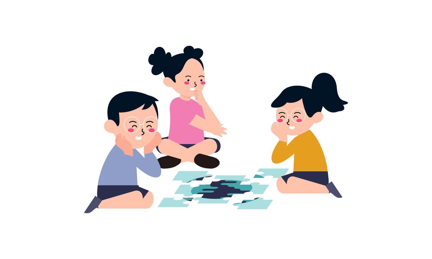 Happy cute little kid boy and girl play together for make a big puzzle illustration vector