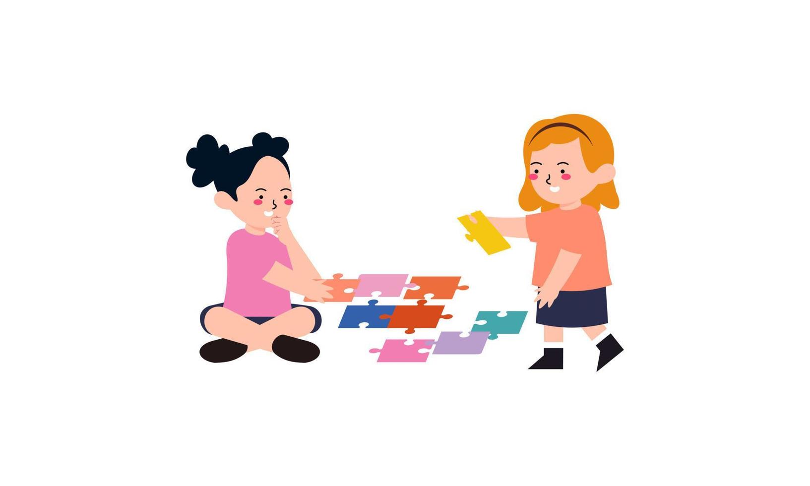 Happy cute little kid boy and girl play together for make a big puzzle illustration vector