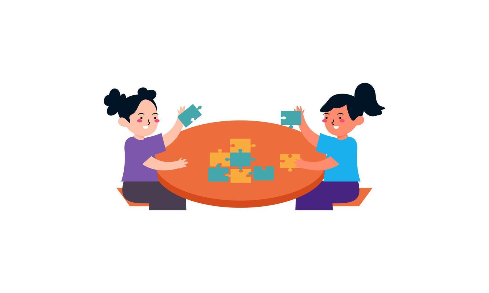 Happy cute little kid boy and girl play together for make a big puzzle illustration vector