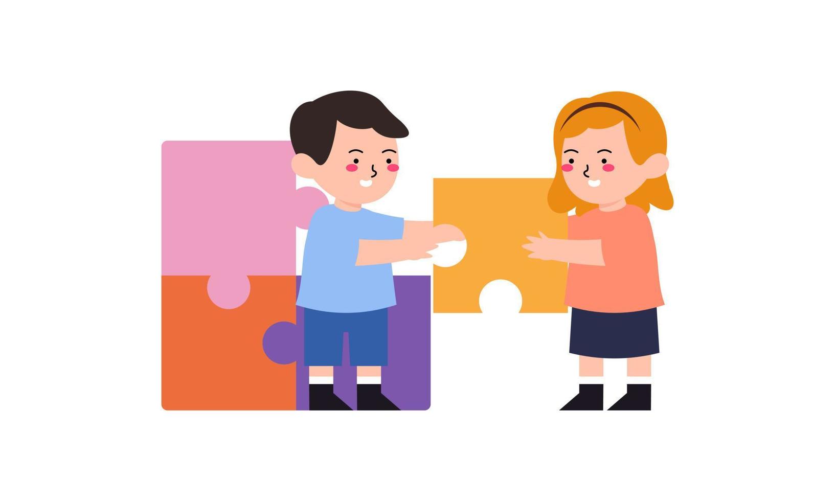 Happy cute little kid boy and girl play together for make a big puzzle illustration vector