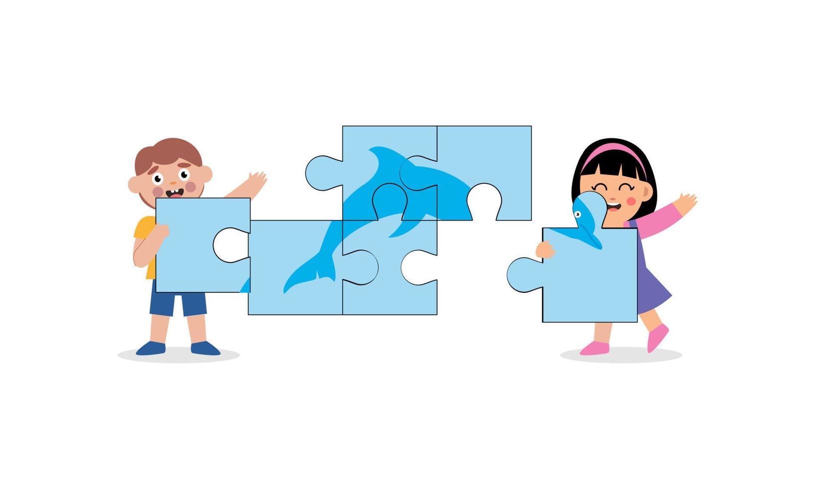Happy cute little kid boy and girl play together for make a big puzzle illustration vector