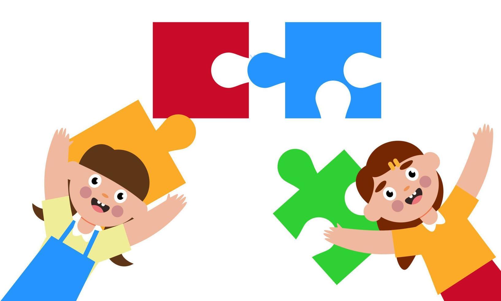 Happy cute little kid boy and girl play together for make a big puzzle illustration vector