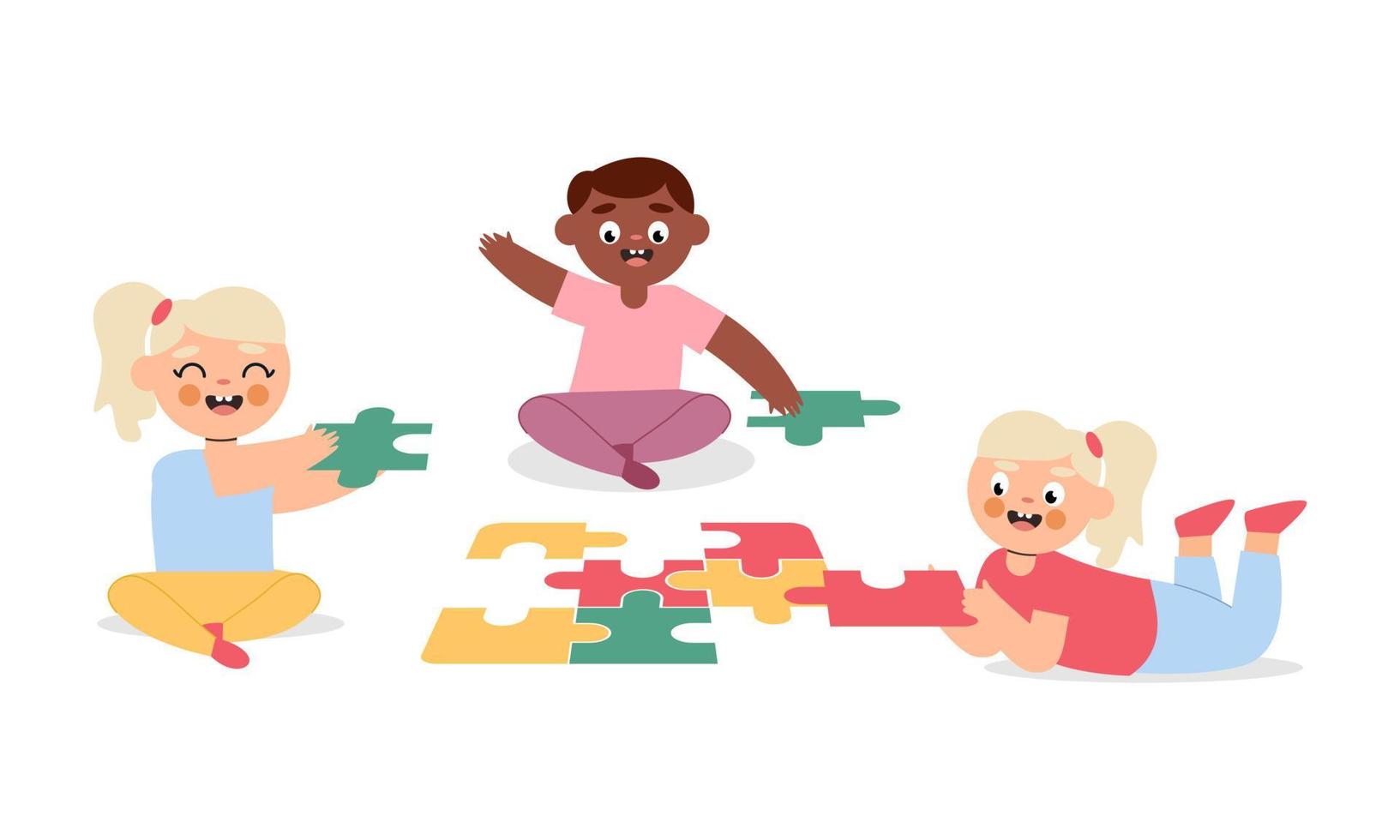 Happy cute little kid boy and girl play together for make a big puzzle illustration vector