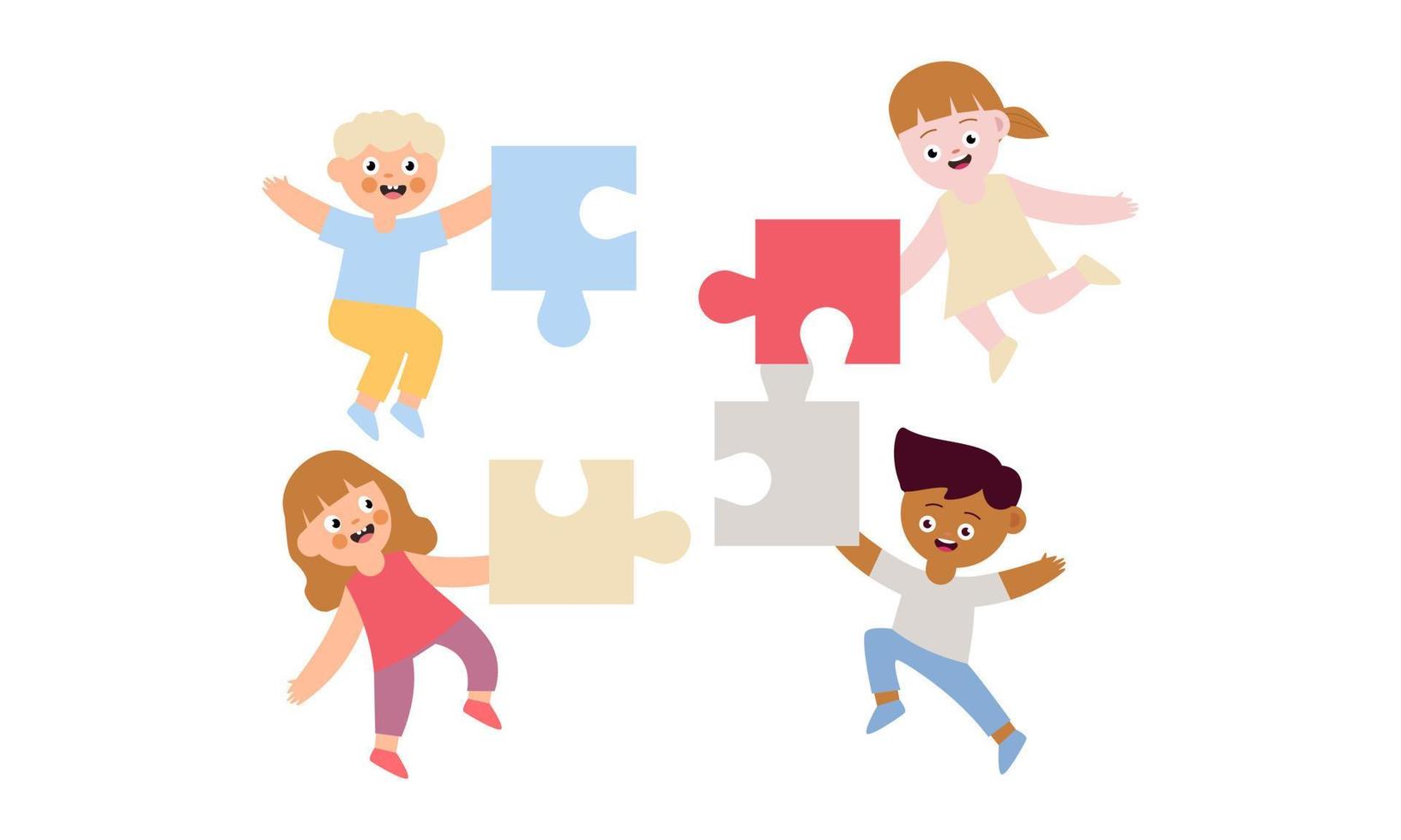 Happy cute little kid boy and girl play together for make a big puzzle illustration vector