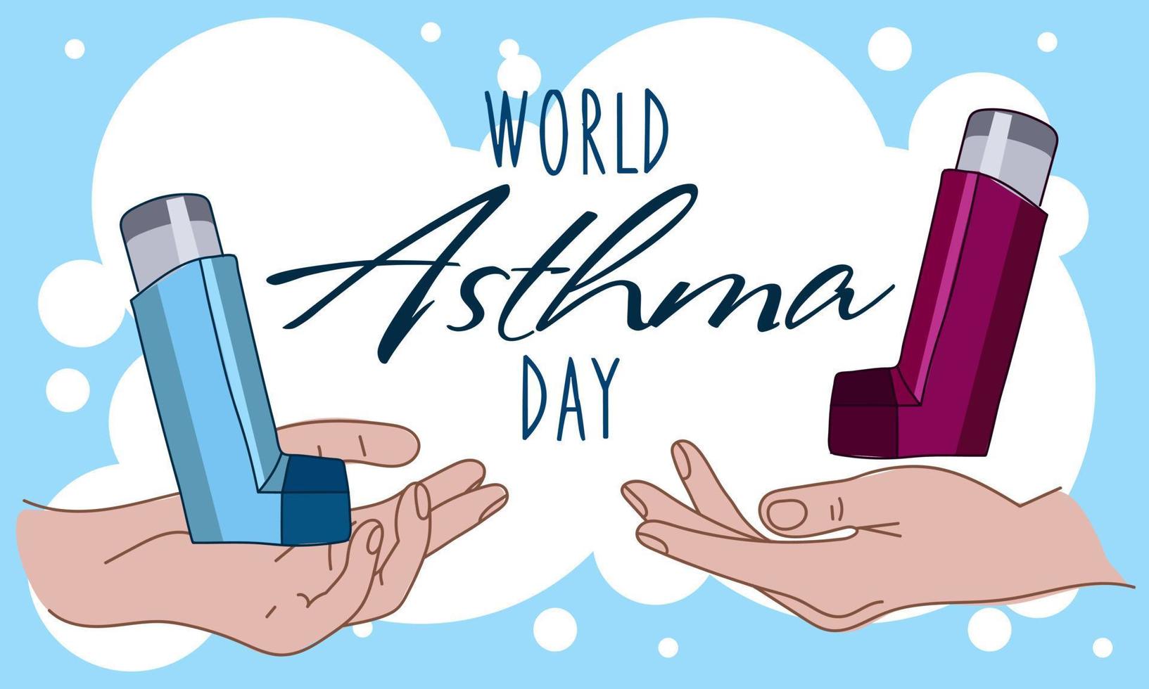 Banner for the World Asthma Day with an aerosol inhaler. The aerosol is in your hands for quick help. Day of Solidarity with Diseases. Vector illustration. Blue banner printing