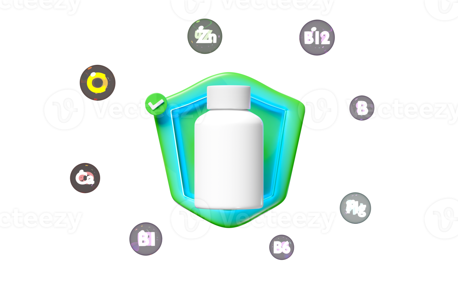 3d white pill bottle, protect your health with multivitamins, checkmark, shield icon, The vitamins your body needs isolated. 3d render illustration png