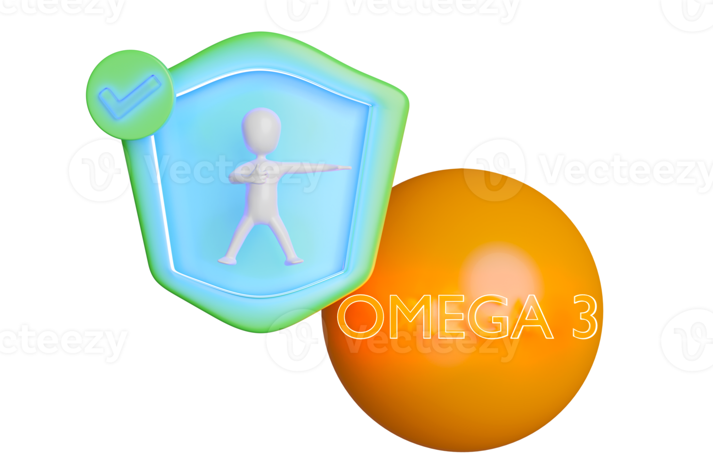 3d proteggere il tuo Salute con omega 3 Grasso acidi, scudo icona, bastone uomo miniatura, segno di spunta, il vitamine il tuo corpo esigenze isolato. 3d rendere illustrazione png